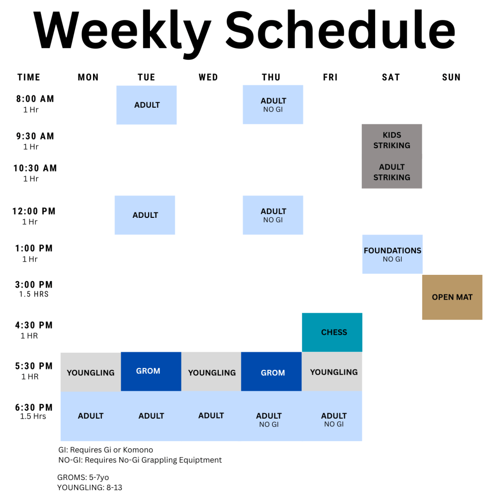 A weekly schedule for a gym or martial arts school, detailing class times, days, and types of classes like Adult, Kids Striking, Foundations No Gi, Chess, Youngling, Grom, and Open Mat, along with age and equipment requirements.